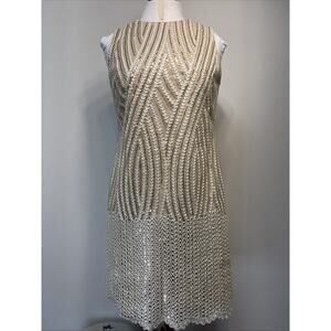 Badgley Mischka Gold Sequin Embroidery Cocktail Party Dress NYE 6